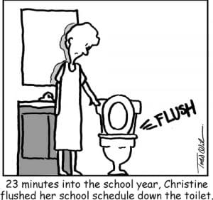 Homeschool cartoon mom flushing schedule down toilet