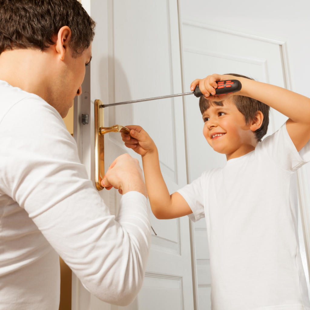 Dad teaching home discipleship by having child help with repairs.